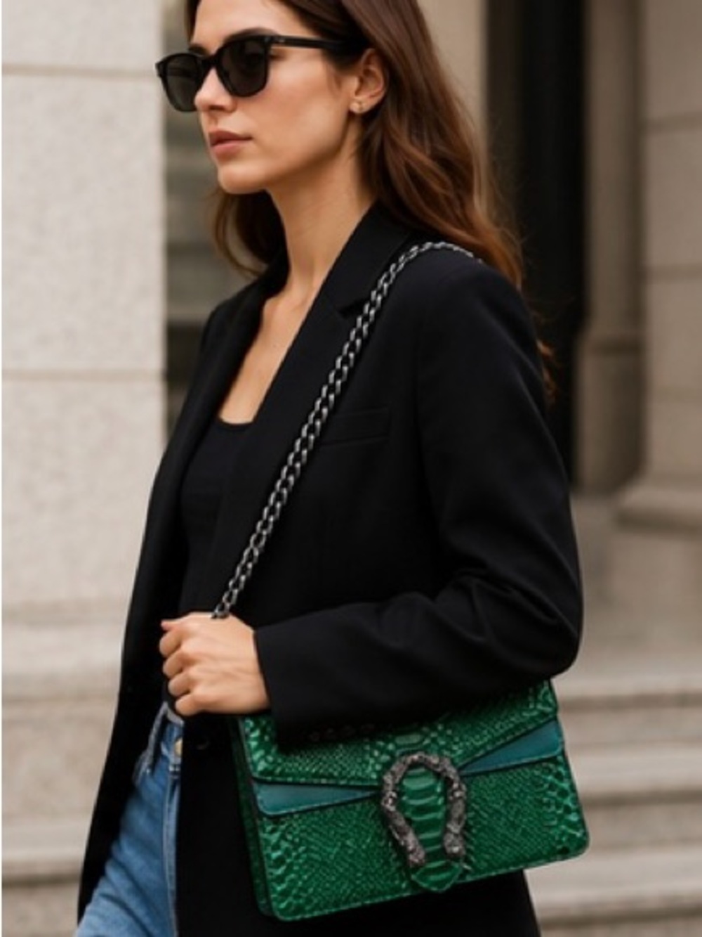 Emerald Green Snake Embossed Shoulder Bag | Chain Strap Designer Inspired Handba - Picture 8 of 8